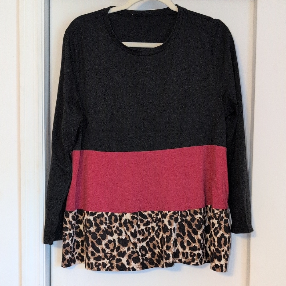 Shein Size  1XL Black, Burgundy and Leopard Print Long Sleeve Top
